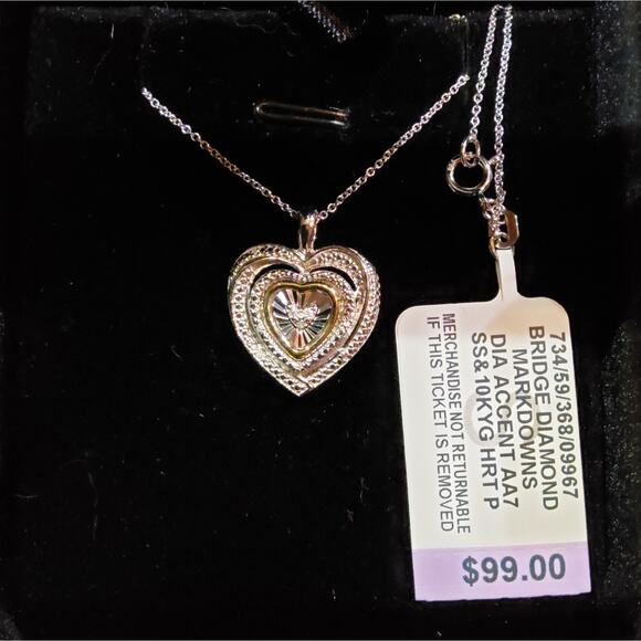 DIAMOND ACCENT HEART NECKLACE TWO-TONE SS & 10K YELLOW GOLD PENDANT 18" CHAIN - Picture 1 of 6